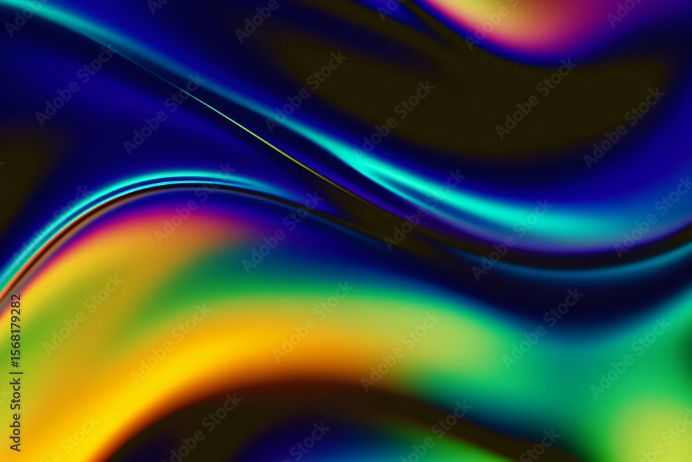 Blue iridescent waves crest over green and yellow currents on a dark, abstract background Blue iridescent waves crest over green and yellow currents on a dark, abstract background