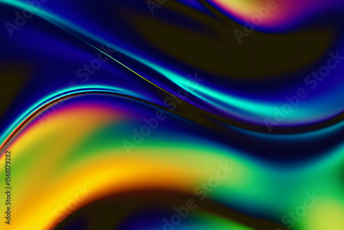 Blue iridescent waves crest over green and yellow currents on a dark, abstract background