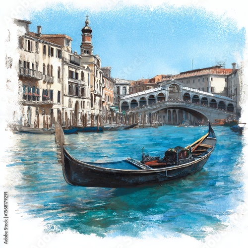 venice rialto bridge watercolor painting gondola grand canal historic architecture italian cityscape illustration