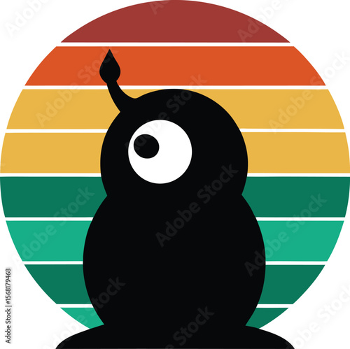 Eyeball monster silhouette on retro vintage striped sunset
