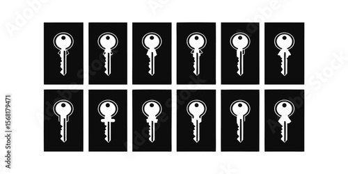Twelve key silhouettes on rectangles arranged in a grid against a keys