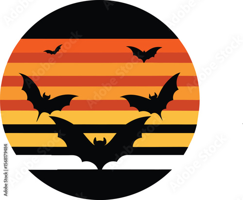 Full moon with bats silhouette on retro vintage striped sunset