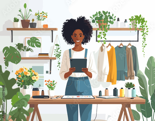Young African American Woman Holding Tablet Device in Bright Indoor Workspace Surrounded by Plants and Clothing Rack with Natural Lighting