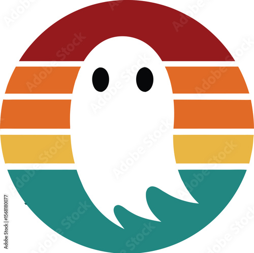 Ghost floating above grave silhouette on retro vintage striped sunset  