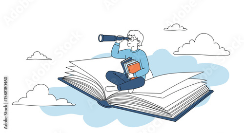 Young person with book and spyglass on open book flying through clouds exploring knowledge and future possibilities
