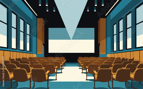 Vector illustration of an empty university auditorium, theater, or lectorium with wooden seats, big screen, and dim lighting. Educational or conference room interior in realistic style