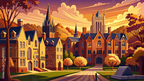 Yale University, in New Haven, features Gothic stone buildings and quiet quads bathed in golden morning light, highlighting scholarly elegance.