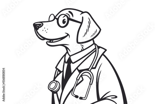 Cartoon dog in a doctor coat with glasses and stethoscope illustration