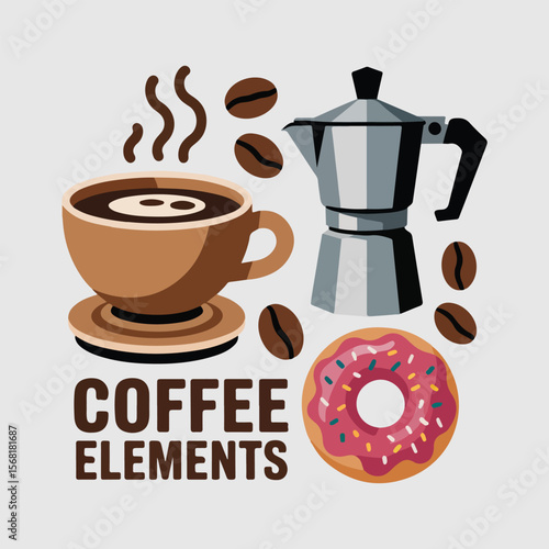 Coffee set with cup, moka pot, and donut.