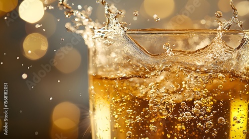 Sparkling Beverage Splash in Glass Surrounded by Bokeh Lights