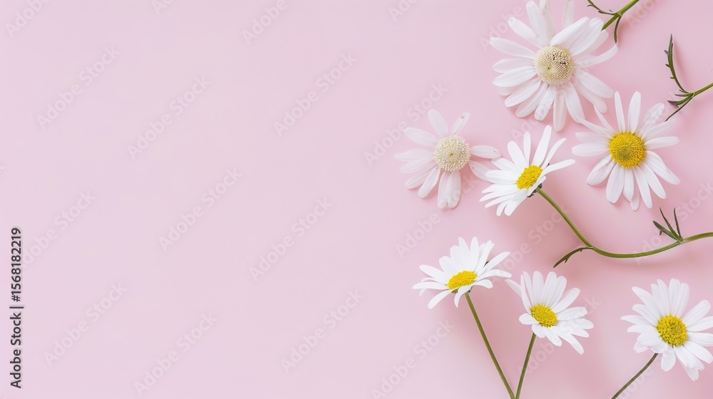 Fototapeta premium A minimal - styled concept with white daisy chamomile flowers placed on a pale pink background. The pure white petals of the daisies contrast beautifully with the soft, gentle pink backdrop, creating 