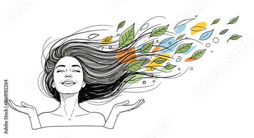 A Woman With Her Eyes Closed And Arms Outstretched As Leaves And Nature Elements Float From Her Hair PNG Transparent Background Isolated