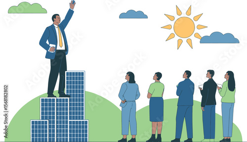 Leader on Solar Panels Inspiring Team Towards a Sustainable Future ai generated vector