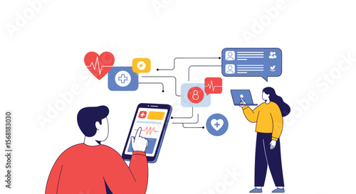 Digital Health Technology Futuristic Healthcare Medical Professionals Using Mobile Devices for Patient Monitoring and Data Analysis