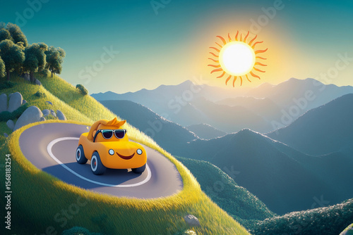 Cute yellow car driving on mountain road, 3D rendering with scenic landscape and clear sky, travel and adventure concept