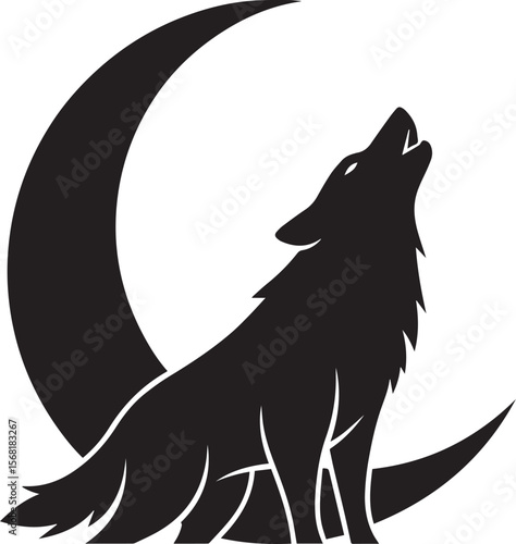 Flat silhouette logo of a howling wolf inside a crescent moon, one-color design in dark navy.eps