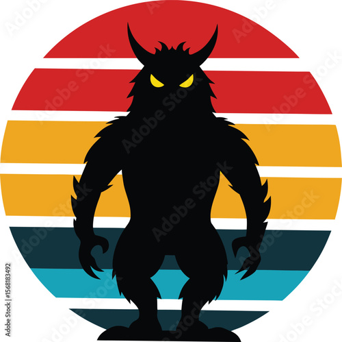 Monster silhouette on retro vintage striped sunset  
