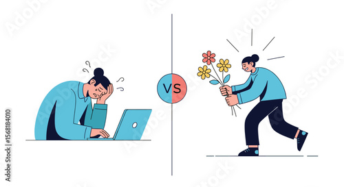 Creative comparison of two different life styles with one person feeling tired and the other person happily giving flowers