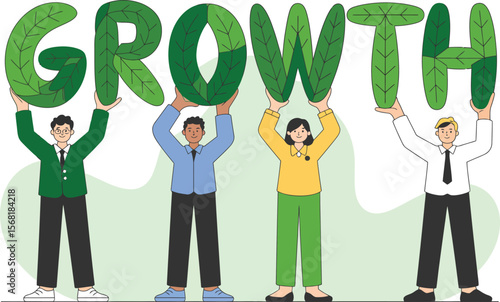 Teamwork Illustration Diverse People Holding Up Growth Letters Together ai generated vector