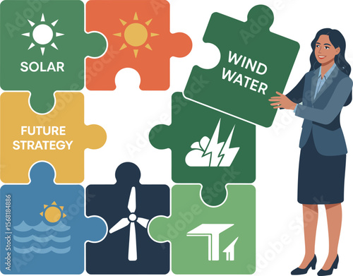 Woman Completing Renewable Energy Puzzle for a Sustainable Future Strategy ai generated vector