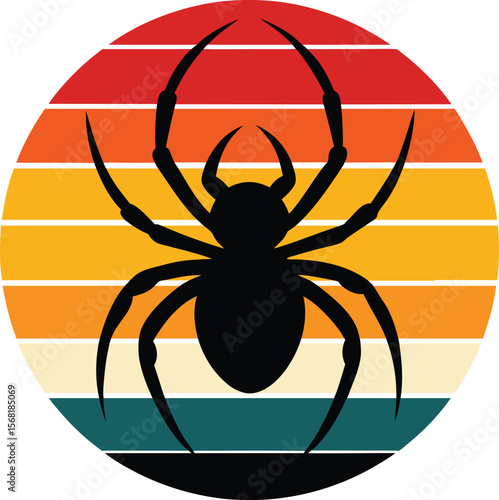 Spider silhouette on retro vintage striped sunset