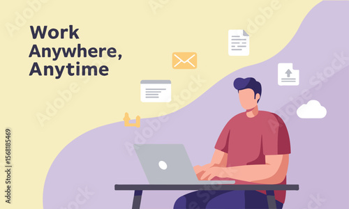 Minimal flat artwork illustrating digital work flexibility, ideal for blogs, articles, websites, and campaigns