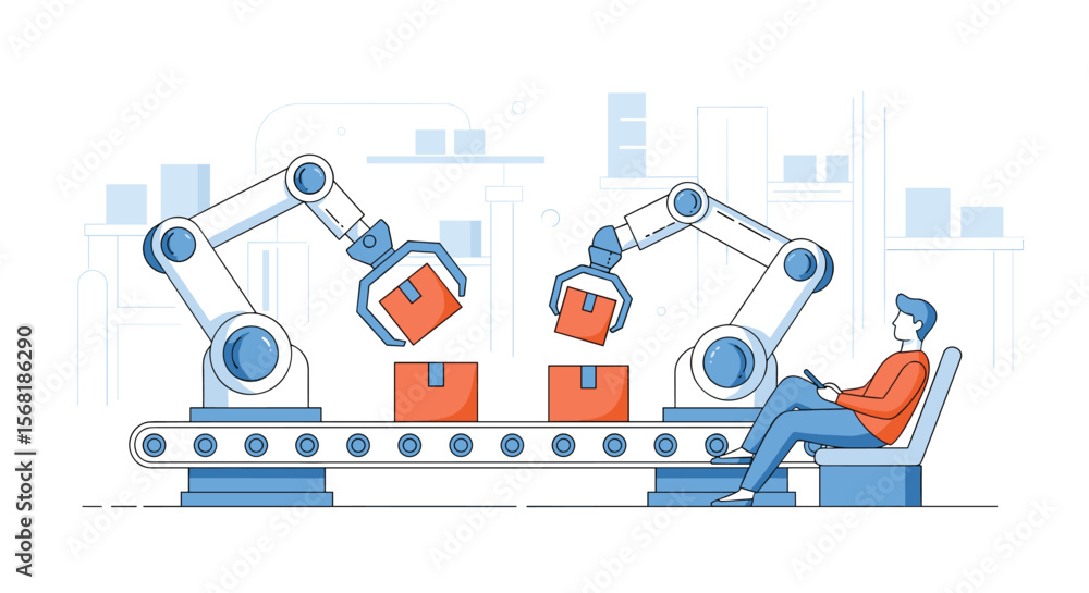 Automated Factory Production Line with Robotic Arms and Human Operator Overseeing Assembly Process Automated Factory Production Line with Robotic Arms and Human Operator Overseeing Assembly Process