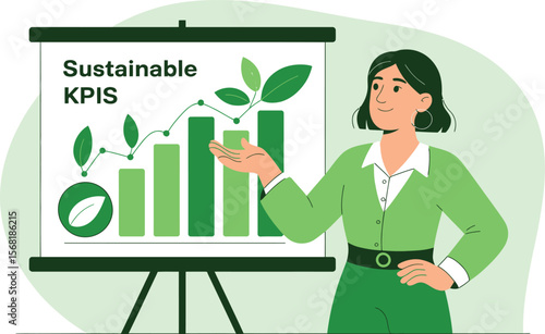 Woman Presenting Sustainable KPIs on a Chart with Green Plant Growth ai generated vector