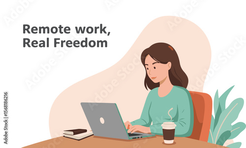 Illustration of a woman working remotely, great for career blogs, freelance platforms, and productivity apps
