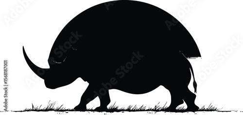 Vector illustration: Majestic rhino silhouette, dark moody style, African savanna.