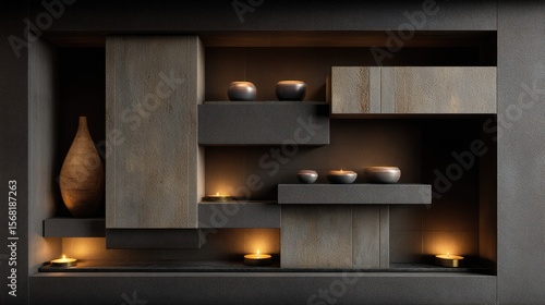 Wooden alcove, lit by candles, with shelves and vases