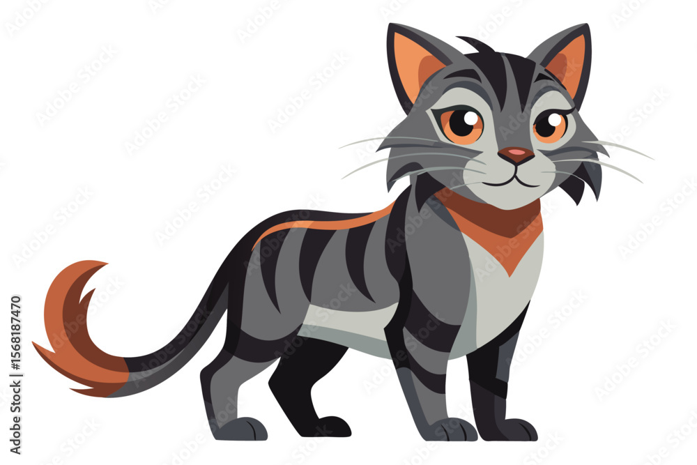 Obraz premium Cartoon Cat with Stripes and Orange Accents Standing Proudly on a White Background