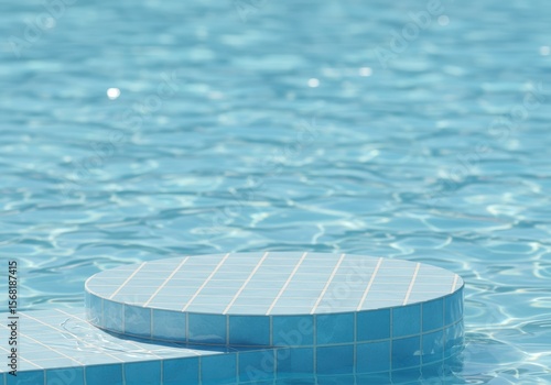 A serene blue tiled platform floats gently in clear, shimmering pool water, ideal for product showcase.