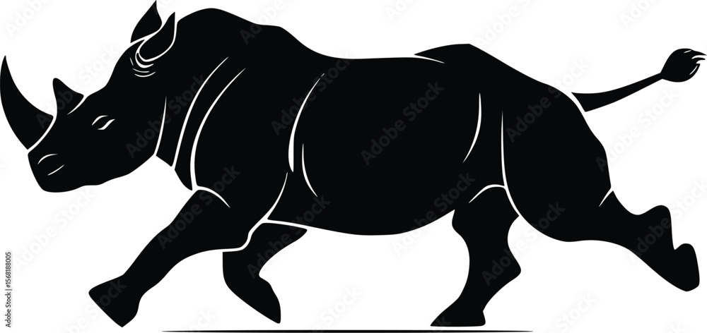 Naklejka premium Powerful Rhino Silhouette: Dynamic Vector Illustration, Running Animal