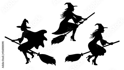 Set Of Flying Witch Silhouettes on Broomsticks