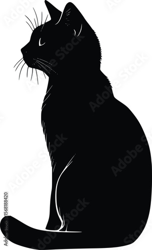 Elegant black cat vector silhouette: graceful, pensive pose.