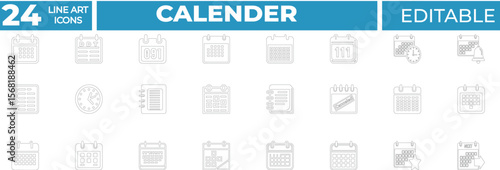 Calendar Vector Line Icons. Containing calendar, date, schedule, event, deadline, appointment, planner, agenda, time, clock, reminder, day, month, year and more. Solid Vector Line Icons collection.
