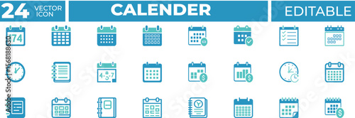 Calendar vector icon set. Containing calendar, date, planner, schedule, month, time, clock, notebook, finance, reminder, task, event more. Solid vector icons collection.