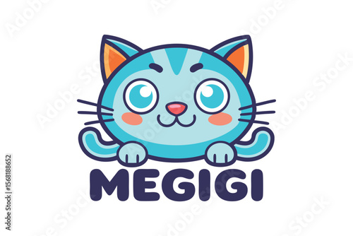 Cartoon Cat with "MEGIGI" Text, a Cute and Playful Animal Illustration