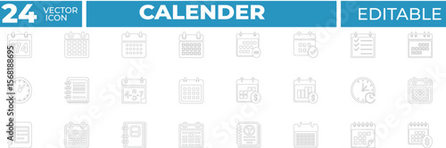 Calendar Vector Line Icons. Containing calendar, date, planner, schedule, month, time, clock, notebook, finance, reminder, task, event and more. Solid Vector Line Icons collection.
