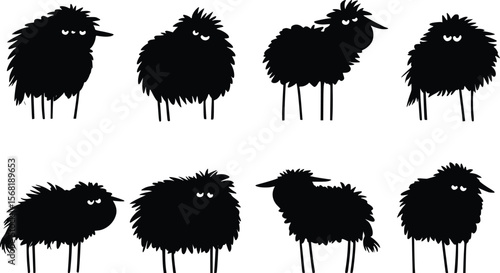 Eight grumpy black sheep vector silhouettes; playful, quirky style.