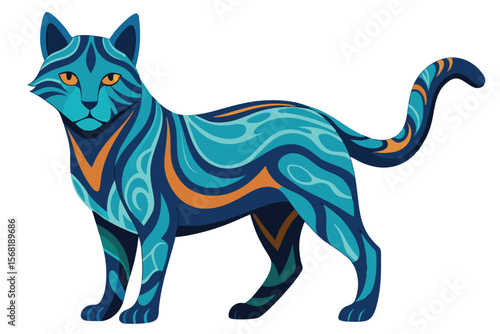 Stylized Avatar Inspired Cat Illustration with Intricate Blue and Orange Markings Artwork