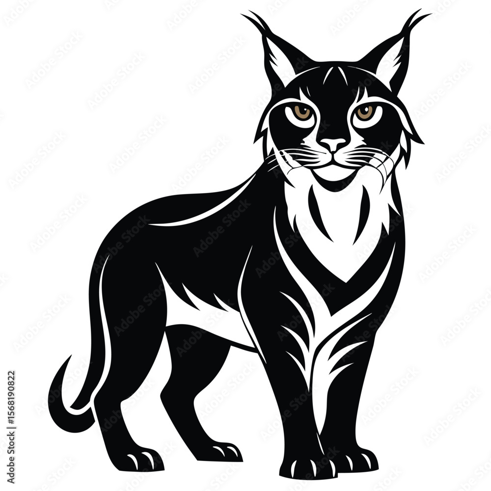 Fototapeta premium Stylized Black and White Illustration of a Lynx with Piercing Brown Eyes and Upward Pointing Ears