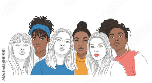 Diverse group of young women with different hairstyles and skin tones standing together