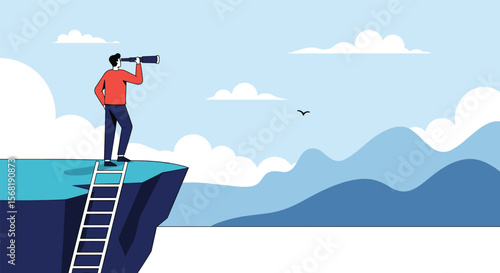 Man standing on cliff edge with telescope searching for future opportunities with distant mountains and sky background PNG