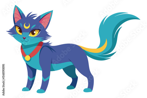 Stylized Cartoon Cat with Crescent Moon Symbol on Forehead and Decorative Red Collar