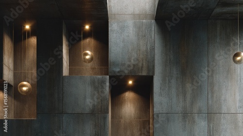 Modern, industrial interior with recessed lighting and geometric panels