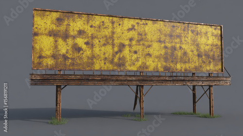 Rusty, weathered billboard stands against gray background, evoking thoughts of positive change and renewal