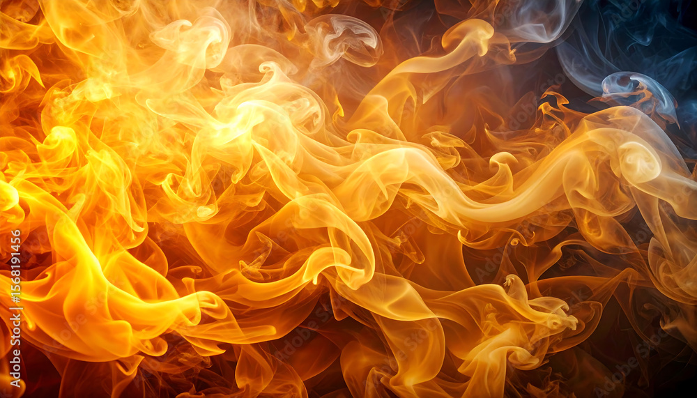 Fototapeta premium Intense swirling flames with glowing embers and dark smoke create mesmerizing fiery background, evoking warmth and energy