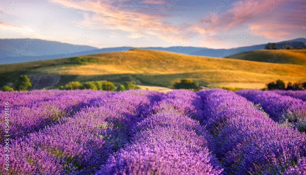 Obraz premium vibrant lavender field waves in summer breeze with scenic meadow hills in background